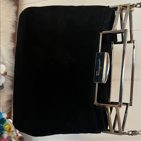 Salvatore Ferragamo Black Suede Clutch with Silver-Tone Frame - Picture 7 of 8